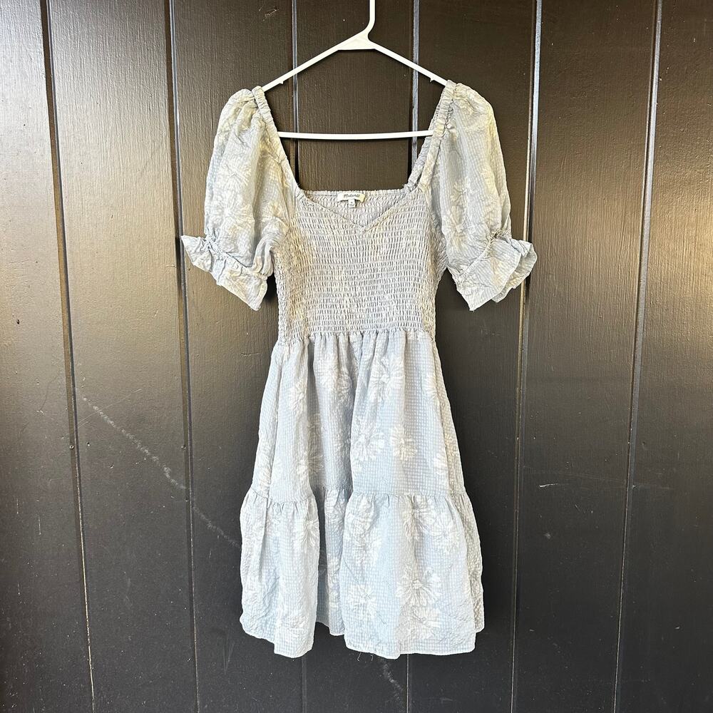 Madewell Smocked Puff Sleeve Mini Dress Floral Textured M